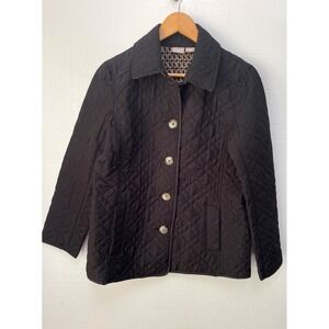 Chicos Quilted Black Jacket‎ With Printed Lining Size 8/10 Button Holiday Winter